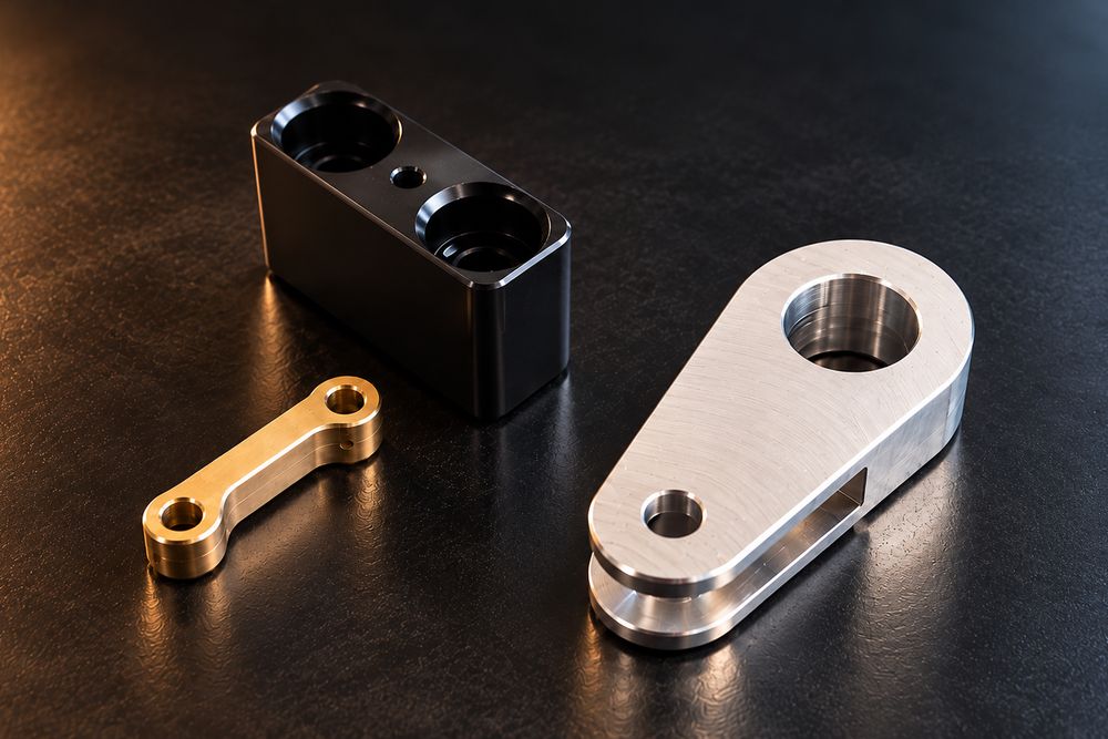Three milled metal parts in aluminium, brass and black anodised aluminium